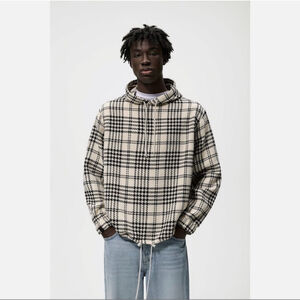 ZARA Mens Houndstooth Hoodie White Black Plaid Streetwear XL